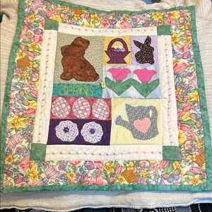 OOAK Handcrafted Spring Appliqué Wall Hanging Bunny Tulips Flower Garden Buttons